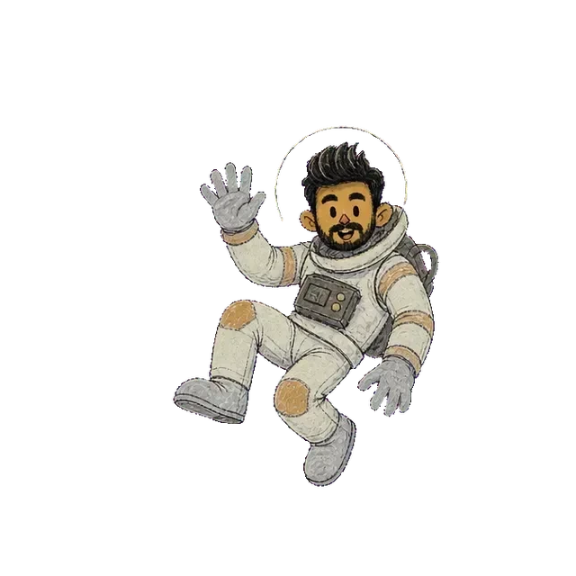 Cartoon portrait of Kirtan waving, tumbling in zero gravity, and recovering with a smile